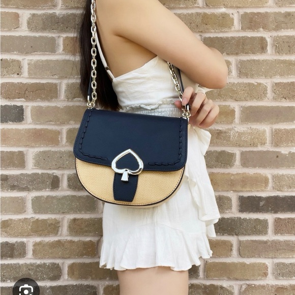 Kate Spade Robyn Straw & Leather Crossbody/Saddle Bag Navy NWT - Picture 11 of 11